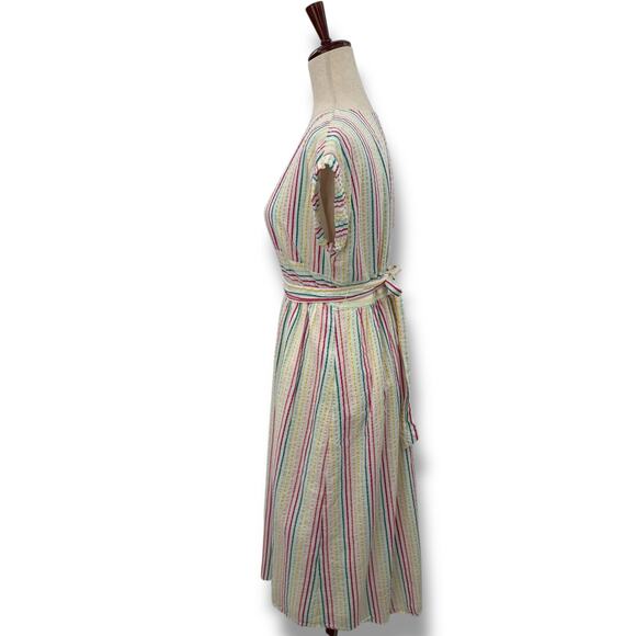Ann Taylor Loft White Rainbow Stripe Dress Size 6P Button Front Midi Seersucker - Picture 5 of 7